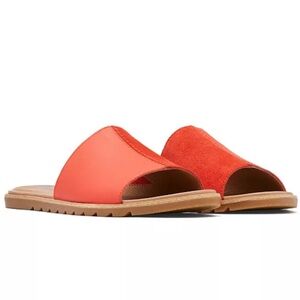 Sorel Red and Tan Sandals Ella II Leather Block Slide 9.5 Signal Red